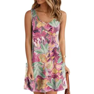 imageZeagoo Womens Summer Dress 2025 Loose V Neck Sleeveless Sundresses Swimsuit Coverup with Pockets Floral Tank DressesPurple Leafprinted