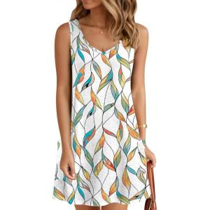 imageZeagoo Womens Summer Dress 2025 Loose V Neck Sleeveless Sundresses Swimsuit Coverup with Pockets Floral Tank DressesWhite Leafprinted