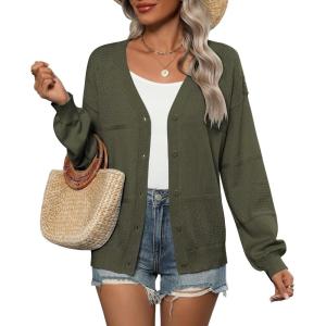 imageZeagoo 2025 Womens Cardigan Casual Long Sleeve Lightweight Crochet Shrug V Neck Tops Button Down Soft Knit SweaterArmy Green