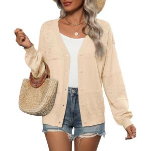 imageZeagoo 2025 Womens Cardigan Casual Long Sleeve Lightweight Crochet Shrug V Neck Tops Button Down Soft Knit SweaterBeige
