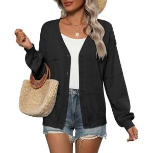 imageZeagoo 2025 Womens Cardigan Casual Long Sleeve Lightweight Crochet Shrug V Neck Tops Button Down Soft Knit SweaterBlack