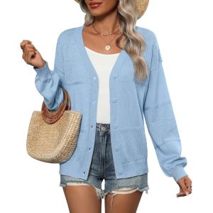 imageZeagoo 2025 Womens Cardigan Casual Long Sleeve Lightweight Crochet Shrug V Neck Tops Button Down Soft Knit SweaterBlue