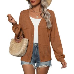 imageZeagoo 2025 Womens Cardigan Casual Long Sleeve Lightweight Crochet Shrug V Neck Tops Button Down Soft Knit SweaterBrown