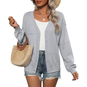 imageZeagoo 2025 Womens Cardigan Casual Long Sleeve Lightweight Crochet Shrug V Neck Tops Button Down Soft Knit SweaterGrey
