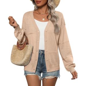imageZeagoo 2025 Womens Cardigan Casual Long Sleeve Lightweight Crochet Shrug V Neck Tops Button Down Soft Knit SweaterKhaki