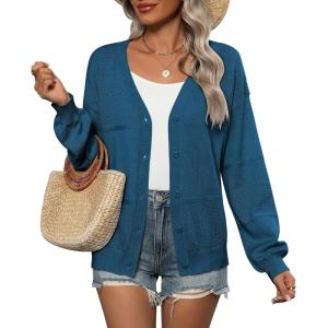 imageZeagoo 2025 Womens Cardigan Casual Long Sleeve Lightweight Crochet Shrug V Neck Tops Button Down Soft Knit SweaterNavy Blue
