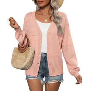 imageZeagoo 2025 Womens Cardigan Casual Long Sleeve Lightweight Crochet Shrug V Neck Tops Button Down Soft Knit SweaterPink