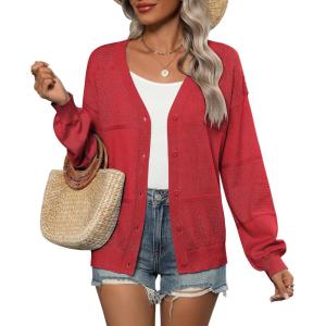 imageZeagoo 2025 Womens Cardigan Casual Long Sleeve Lightweight Crochet Shrug V Neck Tops Button Down Soft Knit SweaterRed