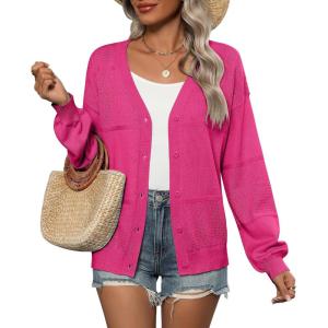 imageZeagoo 2025 Womens Cardigan Casual Long Sleeve Lightweight Crochet Shrug V Neck Tops Button Down Soft Knit SweaterRose Red