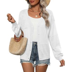 imageZeagoo 2025 Womens Cardigan Casual Long Sleeve Lightweight Crochet Shrug V Neck Tops Button Down Soft Knit SweaterWhite