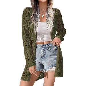 imageZeagoo Womens 2025 Summer Crochet Cardigan Sweaters Lightweight Long Sleeve Open Front Kimono Boho Knit Cover UpsArmy Green