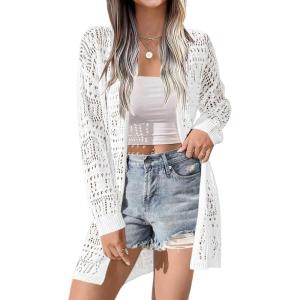 imageZeagoo Womens 2025 Summer Crochet Cardigan Sweaters Lightweight Long Sleeve Open Front Kimono Boho Knit Cover UpsAwhite