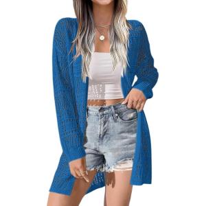 imageZeagoo Womens 2025 Summer Crochet Cardigan Sweaters Lightweight Long Sleeve Open Front Kimono Boho Knit Cover UpsBlue
