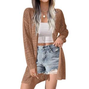 imageZeagoo Womens 2025 Summer Crochet Cardigan Sweaters Lightweight Long Sleeve Open Front Kimono Boho Knit Cover UpsBrown