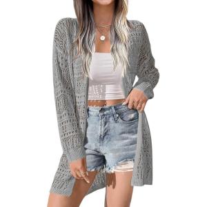 imageZeagoo Womens 2025 Summer Crochet Cardigan Sweaters Lightweight Long Sleeve Open Front Kimono Boho Knit Cover UpsGrey