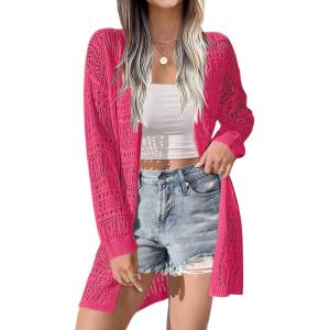 imageZeagoo Womens 2025 Summer Crochet Cardigan Sweaters Lightweight Long Sleeve Open Front Kimono Boho Knit Cover UpsHot Pink