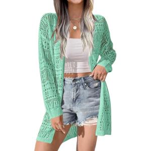 imageZeagoo Womens 2025 Summer Crochet Cardigan Sweaters Lightweight Long Sleeve Open Front Kimono Boho Knit Cover UpsLight Green