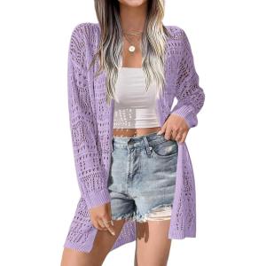 imageZeagoo Womens 2025 Summer Crochet Cardigan Sweaters Lightweight Long Sleeve Open Front Kimono Boho Knit Cover UpsPurple