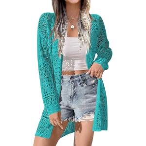 imageZeagoo Womens 2025 Summer Crochet Cardigan Sweaters Lightweight Long Sleeve Open Front Kimono Boho Knit Cover UpsTeal
