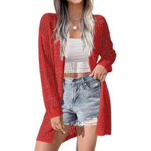 imageZeagoo Womens 2025 Summer Crochet Cardigan Sweaters Lightweight Long Sleeve Open Front Kimono Boho Knit Cover UpsWine Red