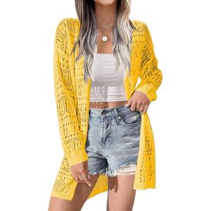 imageZeagoo Womens 2025 Summer Crochet Cardigan Sweaters Lightweight Long Sleeve Open Front Kimono Boho Knit Cover UpsYellow