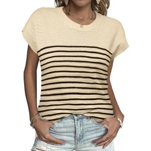 imageZeagoo Womens Cap Sleeve Sweaters Vest Crew Neck Knit Sweater Tops 2025 Casual Summer Sleeveless T Shirt34 Stripe Black