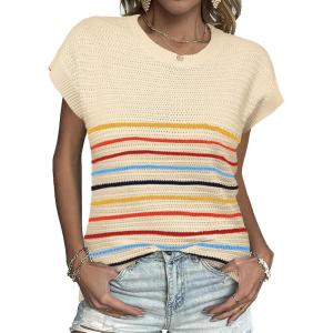 imageZeagoo Womens Cap Sleeve Sweaters Vest Crew Neck Knit Sweater Tops 2025 Casual Summer Sleeveless T ShirtColorful Stripe