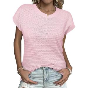 imageZeagoo Womens Cap Sleeve Sweaters Vest Crew Neck Knit Sweater Tops 2025 Casual Summer Sleeveless T ShirtPink