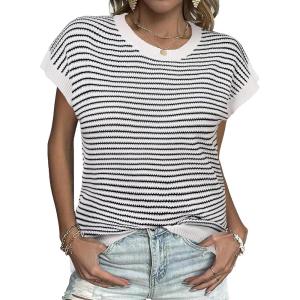 imageZeagoo Womens Cap Sleeve Sweaters Vest Crew Neck Knit Sweater Tops 2025 Casual Summer Sleeveless T ShirtStripe Black