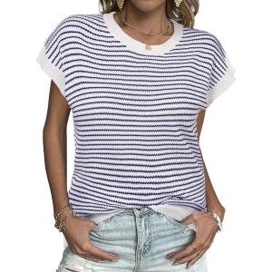 imageZeagoo Womens Cap Sleeve Sweaters Vest Crew Neck Knit Sweater Tops 2025 Casual Summer Sleeveless T ShirtStripe Blue