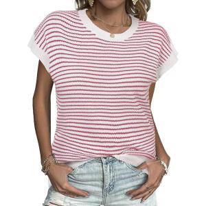 imageZeagoo Womens Cap Sleeve Sweaters Vest Crew Neck Knit Sweater Tops 2025 Casual Summer Sleeveless T ShirtStripe Red