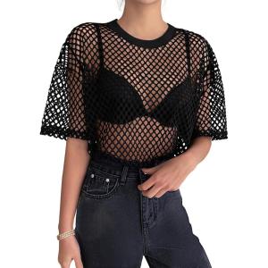 imageZeagoo Womens Mesh T Shirts Short Sleeve Casual Tops Hollow Out Pullover Shirts Crewneck Sexy Fishnet Crop Tee SXXLAblack