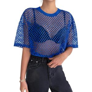 imageZeagoo Womens Mesh T Shirts Short Sleeve Casual Tops Hollow Out Pullover Shirts Crewneck Sexy Fishnet Crop Tee SXXLBlue