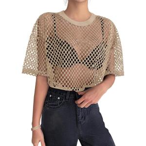 imageZeagoo Womens Mesh T Shirts Short Sleeve Casual Tops Hollow Out Pullover Shirts Crewneck Sexy Fishnet Crop Tee SXXLCoffee