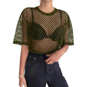 imageZeagoo Womens Mesh T Shirts Short Sleeve Casual Tops Hollow Out Pullover Shirts Crewneck Sexy Fishnet Crop Tee SXXLDark Green