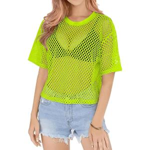 imageZeagoo Womens Mesh T Shirts Short Sleeve Casual Tops Hollow Out Pullover Shirts Crewneck Sexy Fishnet Crop Tee SXXLLemon Green