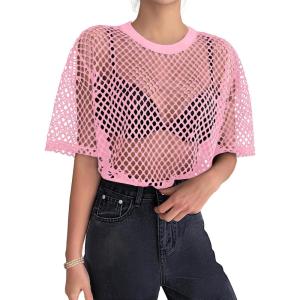imageZeagoo Womens Mesh T Shirts Short Sleeve Casual Tops Hollow Out Pullover Shirts Crewneck Sexy Fishnet Crop Tee SXXLLight Pink