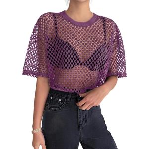 imageZeagoo Womens Mesh T Shirts Short Sleeve Casual Tops Hollow Out Pullover Shirts Crewneck Sexy Fishnet Crop Tee SXXLPurple