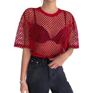 imageZeagoo Womens Mesh T Shirts Short Sleeve Casual Tops Hollow Out Pullover Shirts Crewneck Sexy Fishnet Crop Tee SXXLRed