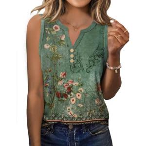 imageZeagoo Womens Tank Tops 2025 Loose Button Down V Neck Flowy Summer Tops Basic Trendy Beach Vacation OutfitsGreen Flower