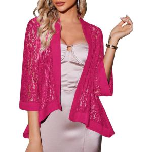 imageZeagoo Kimono Cardigans for Women 34 Sleeves Open Front Lightweight Shrug Lace Jackets for Evening DressesRose Red