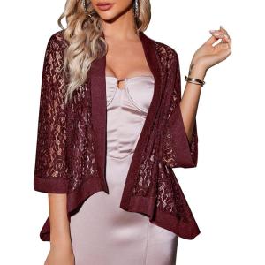 imageZeagoo Kimono Cardigans for Women 34 Sleeves Open Front Lightweight Shrug Lace Jackets for Evening DressesWine Red