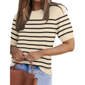 imageZeagoo Women Short Sleeve Sweater Summer Crew Neck Dressy Casual Soft Knit Pullover Tops TrendyApricotblack