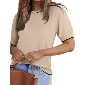 imageZeagoo Women Short Sleeve Sweater Summer Crew Neck Dressy Casual Soft Knit Pullover Tops TrendyKhaki