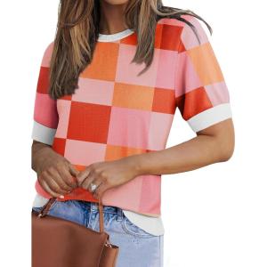 imageZeagoo Women Short Sleeve Sweater Summer Crew Neck Dressy Casual Soft Knit Pullover Tops TrendyRed
