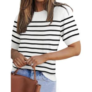 imageZeagoo Women Short Sleeve Sweater Summer Crew Neck Dressy Casual Soft Knit Pullover Tops TrendyWhiteblack