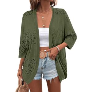 imageZeagoo Womens 2025 Lightweight Crochet Cardigan Sweaters Open Front 34 Sleeve Knit Kimono Summer Boho Cover UpArmy Green