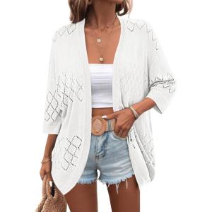 imageZeagoo Womens 2025 Lightweight Crochet Cardigan Sweaters Open Front 34 Sleeve Knit Kimono Summer Boho Cover UpAwhite