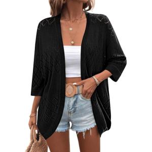 imageZeagoo Womens 2025 Lightweight Crochet Cardigan Sweaters Open Front 34 Sleeve Knit Kimono Summer Boho Cover UpBlack