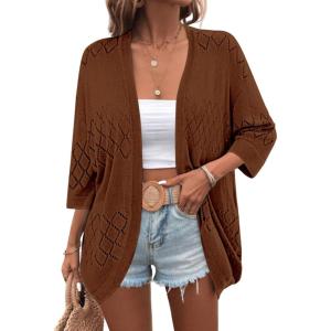 imageZeagoo Womens 2025 Lightweight Crochet Cardigan Sweaters Open Front 34 Sleeve Knit Kimono Summer Boho Cover UpBrown